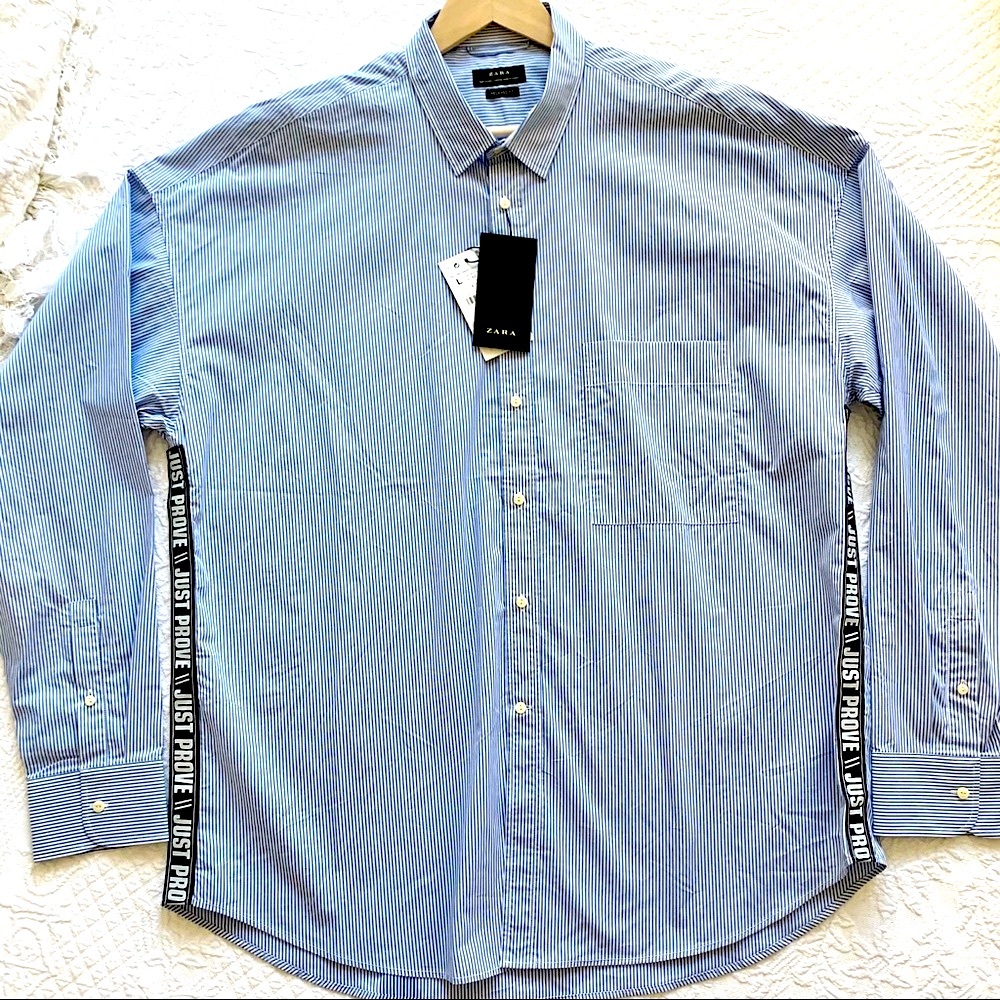 🎉 NWT ZARA Just Prove Graphic blue Striped Button Down Men’s ShirtLG